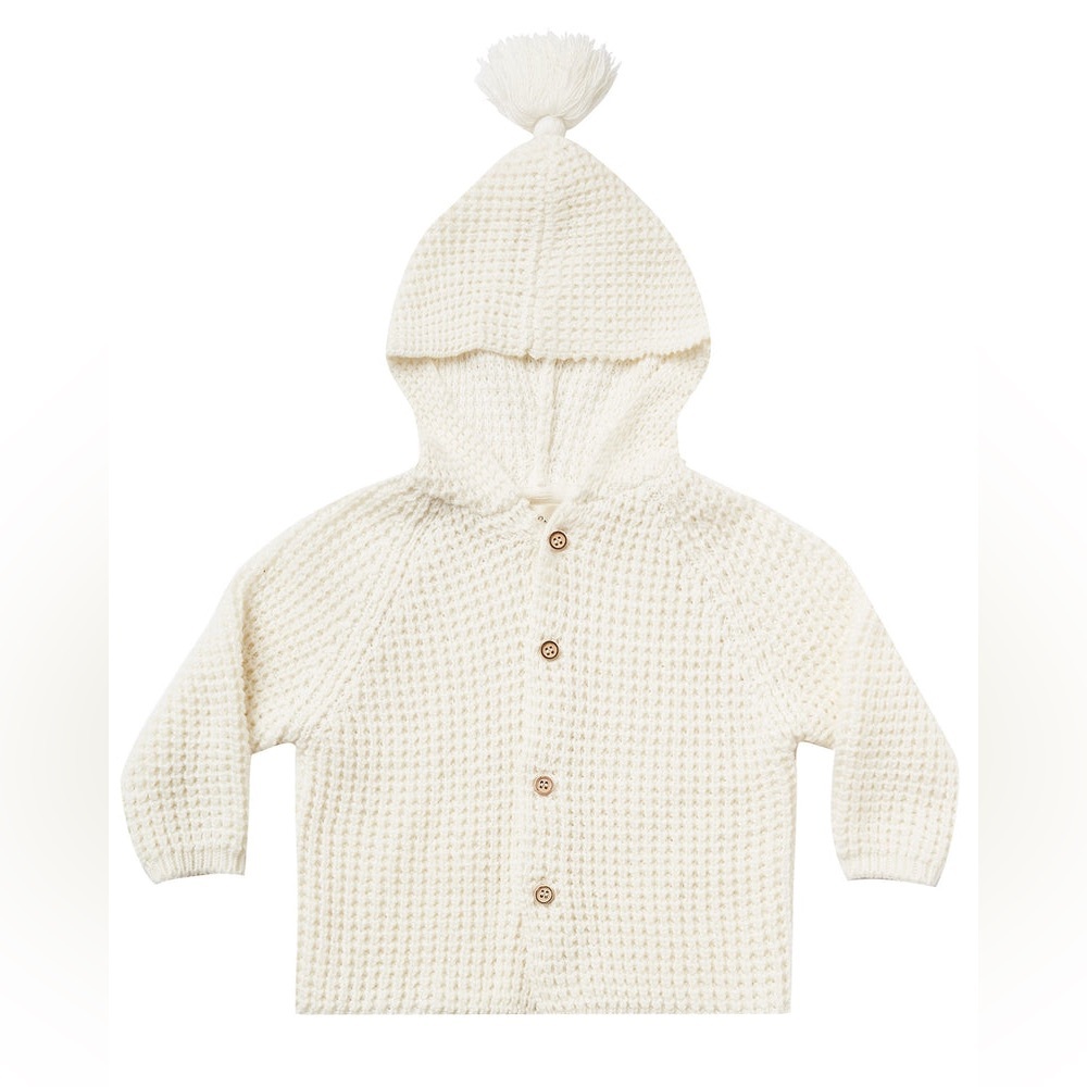 Rylee + Cru Waffle Knit Wood Button Tassel Hooded Cardigan Sweater 12-18M Ivory